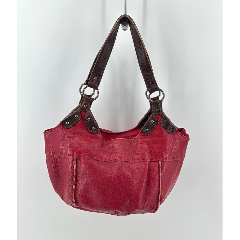 The Sak Red Pebbled Leather Hobo Shoulder Bag Brown Straps Whipstitch Trim